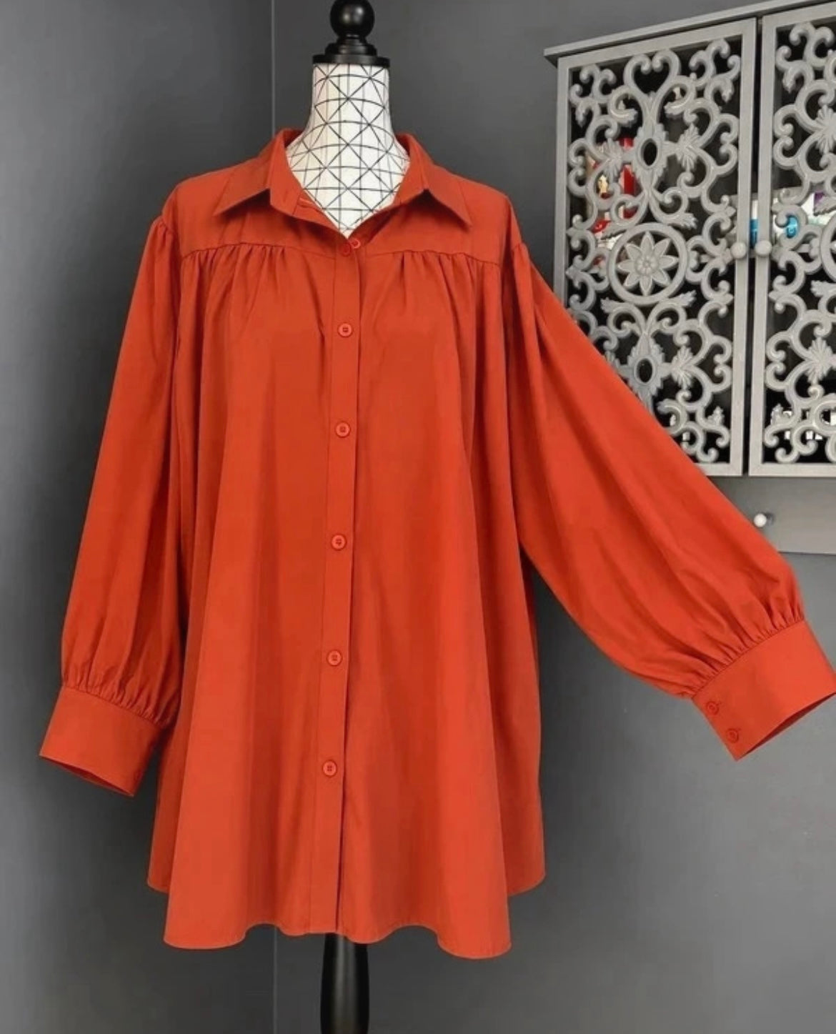 💖 blouse chemise orange rouille grande taille 58 oversize fluide boutonnée manches ballon 💖