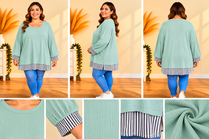 💖 pull chemise vert sauge grande taille 52 ample fluide effet 2 en 1 rayures tendance 💖