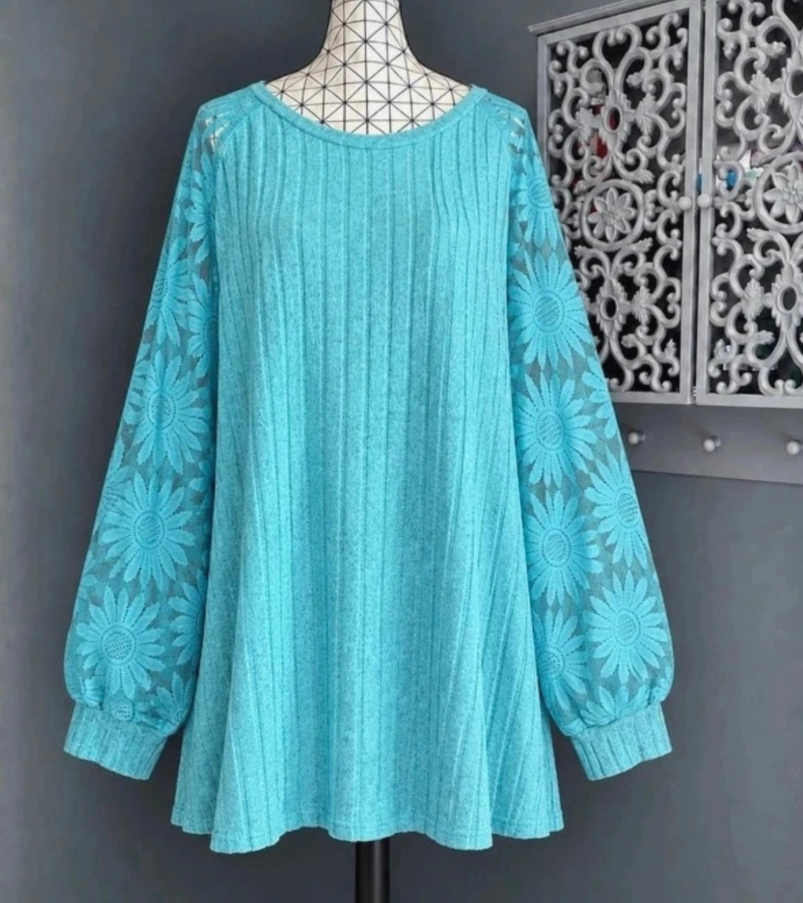 💖 pull turquoise grande taille 52 dentelle fleurs manches ballon ample bohème tendance 💖