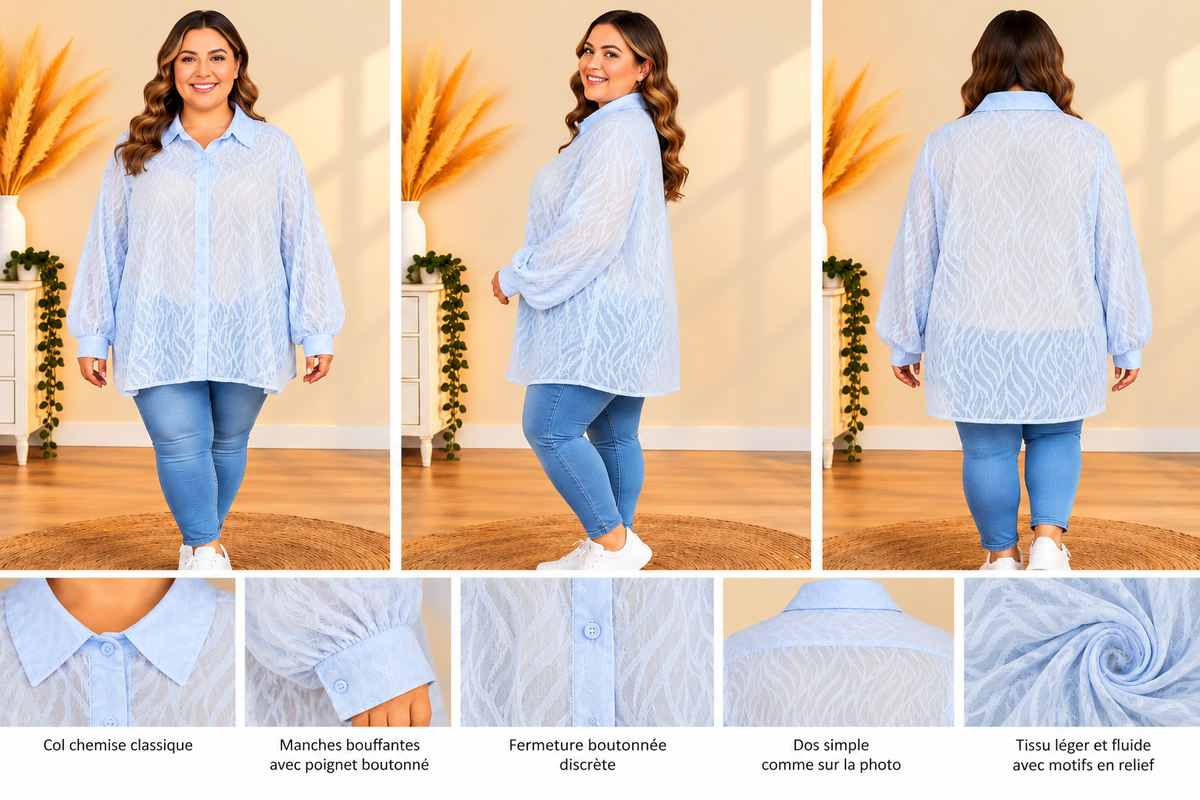 💖 blouse chemise bleu ciel transparente texturée grande taille 58 manches longues chic 💖