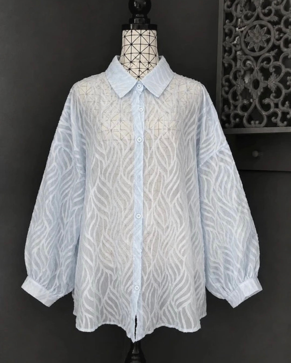 💖 blouse chemise bleu ciel transparente texturée grande taille 58 manches longues chic 💖