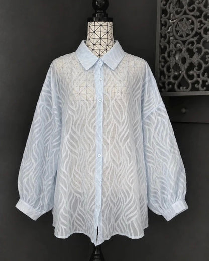 💖 blouse chemise bleu ciel transparente texturée grande taille 58 manches longues chic 💖