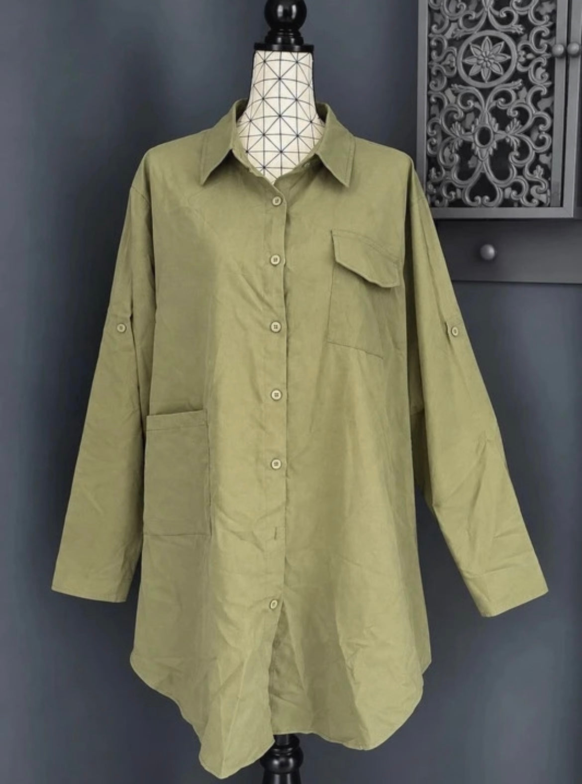 💖 veste chemise longue kaki grande taille 54 oversize boutonnée poches style décontracté tendance 💖