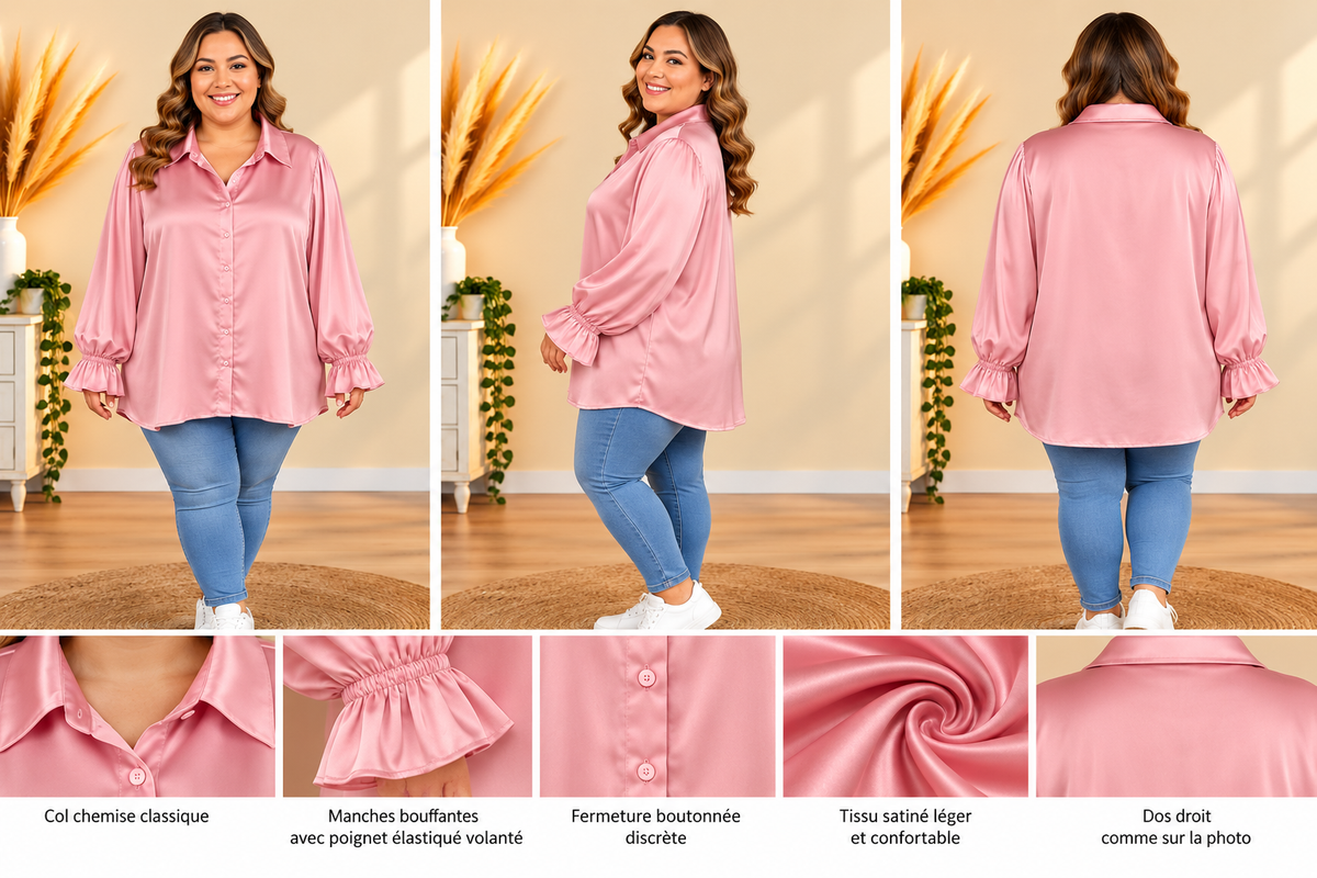 💖 blouse chemise rose satinée manches volantées chic grande taille 60 💖