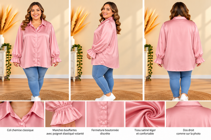 💖 blouse chemise rose satinée manches volantées chic grande taille 60 💖