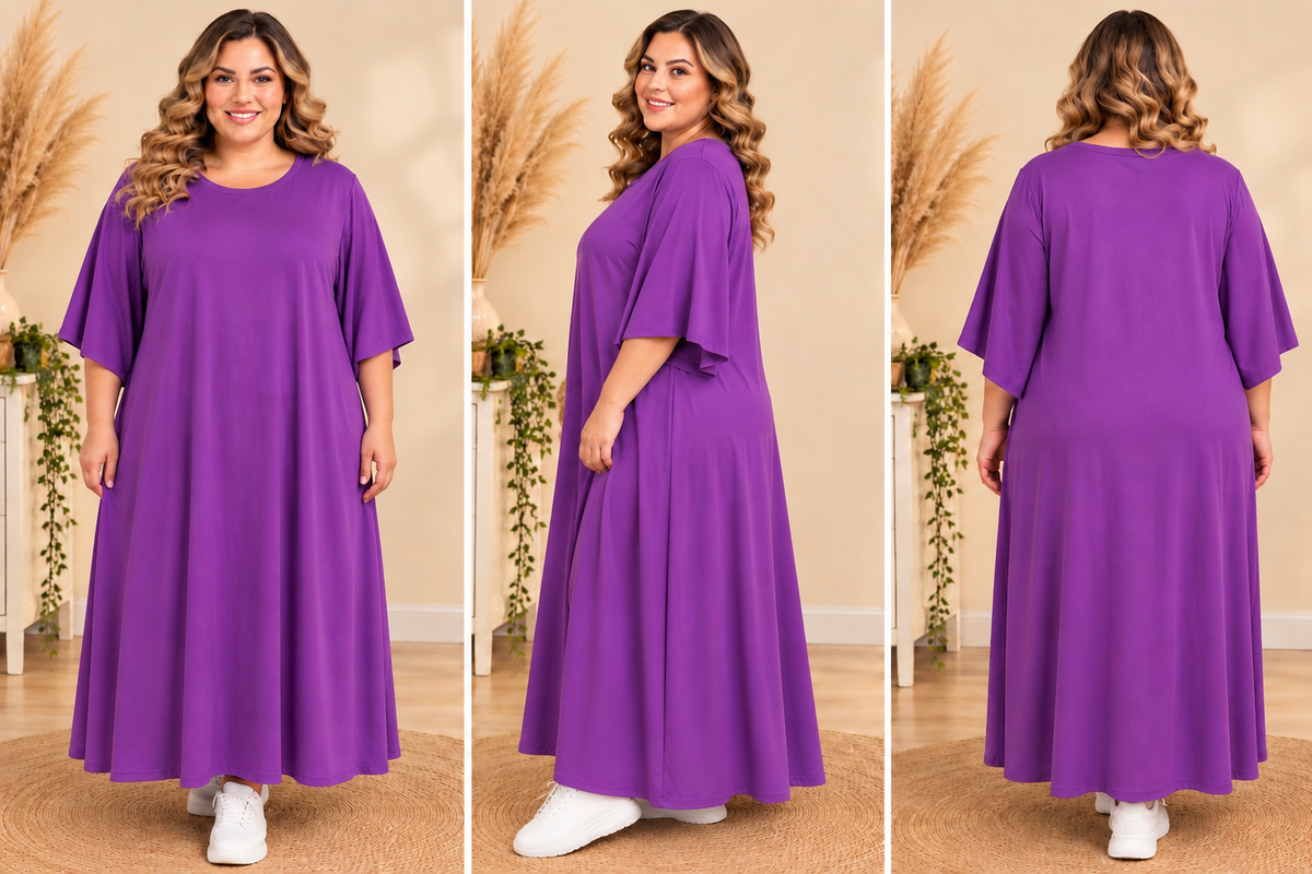 💖 robe longue violette fluide évasée manches papillon bohème grande taille 58 💖
