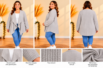 💖 gilet gris clair ouvert maille texturée cascade fluide manches longues grande taille 54 💖
