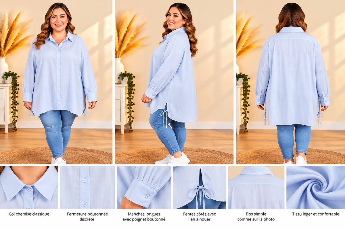 💖 blouse chemise bleu ciel oversize fluide boutonnée liens à nouer côtés grande taille 56 💖