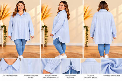 💖 blouse chemise bleu ciel oversize fluide boutonnée liens à nouer côtés grande taille 56 💖