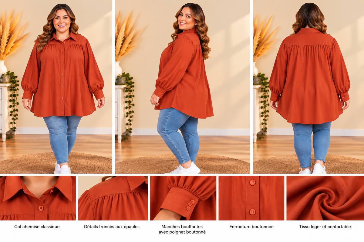 💖 blouse chemise orange rouille grande taille 58 oversize fluide boutonnée manches ballon 💖