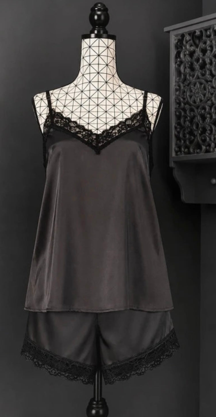 🌹 pyjama satin dentelle débardeur short noir grande taille 50 chic lingerie nuit 🌹
