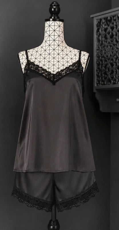 🌹 pyjama satin dentelle débardeur short noir grande taille 50 chic lingerie nuit 🌹