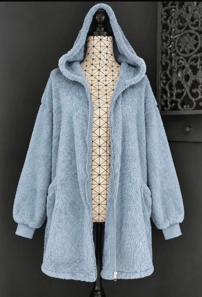 💖 veste bleu ciel grande taille 58 pilou longue capuche zippée douce cocooning tendance 💖