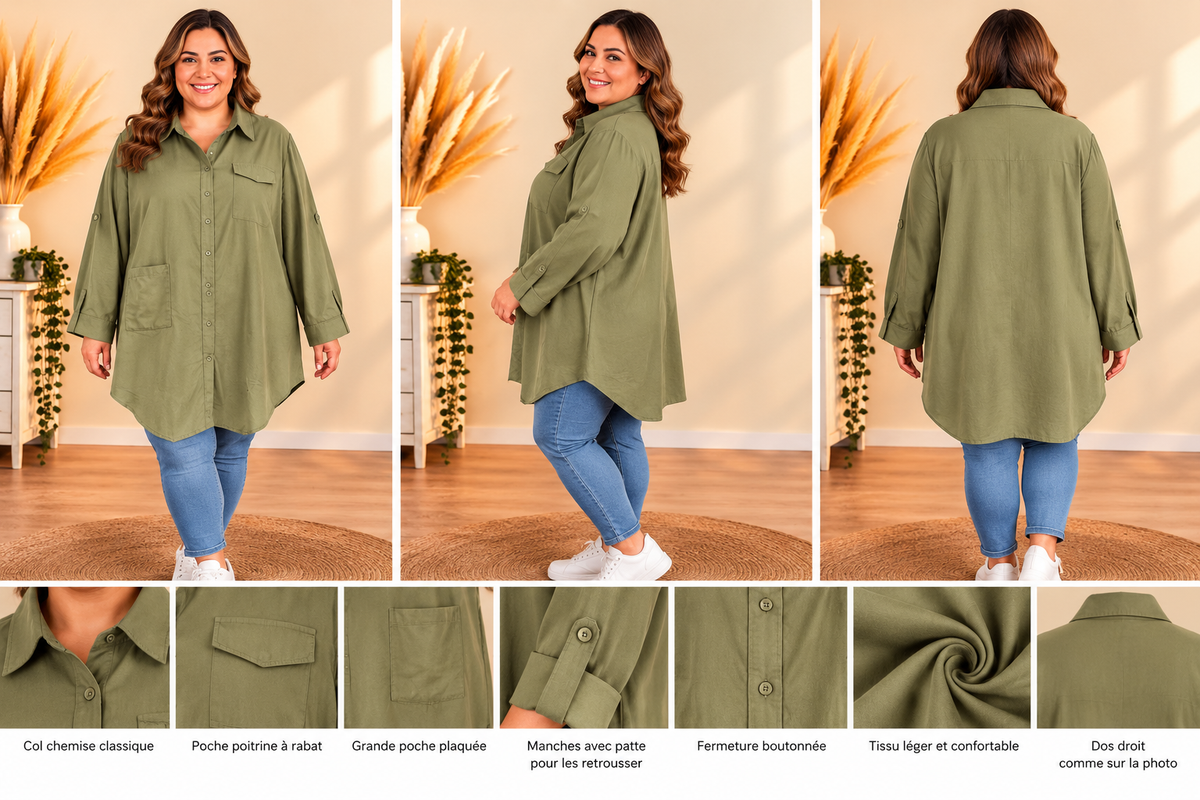 💖 veste chemise longue kaki grande taille 54 oversize boutonnée poches style décontracté tendance 💖