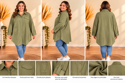 💖 veste chemise longue kaki grande taille 54 oversize boutonnée poches style décontracté tendance 💖