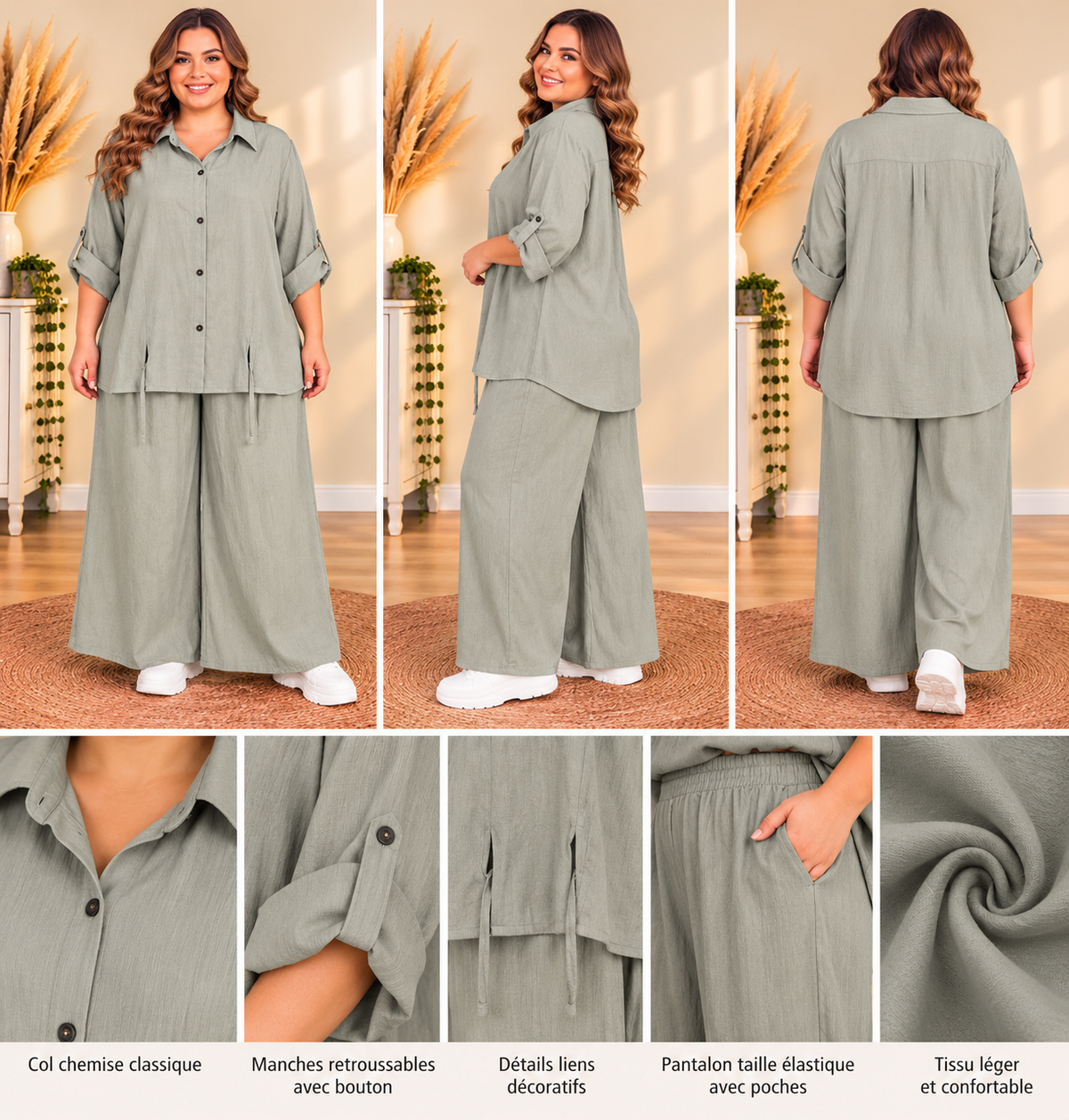 🌹 ensemble pantalon blouse beige gris grande taille 56 chic fluide manches rétractables poches 🌹