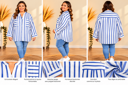 💖 blouse chemisier blanc bleu violet rayé taille 56 fluide ample boutonné chic tendance 💖