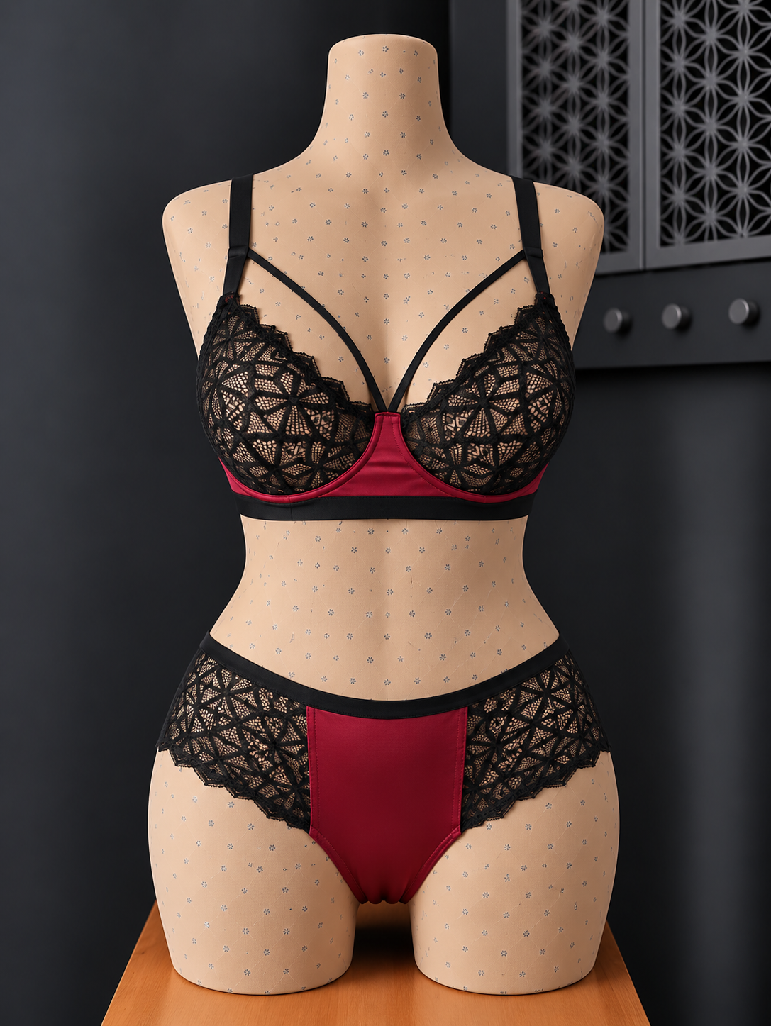 💜 ensemble dentelle noir et bordeaux sans armature – Taille 54 bonnet 125 E/F/G – 130 D 💜