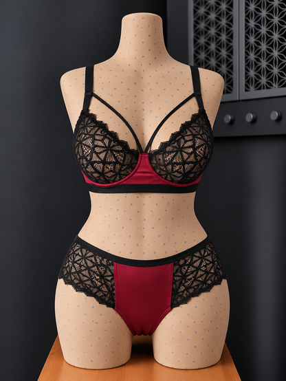💜 ensemble dentelle noir et bordeaux sans armature – Taille 54 bonnet 125 E/F/G – 130 D 💜