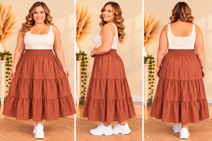 🌹 jupe longue terracotta bohème à volants taille haute grande taille 56 fluide tendance 🌹