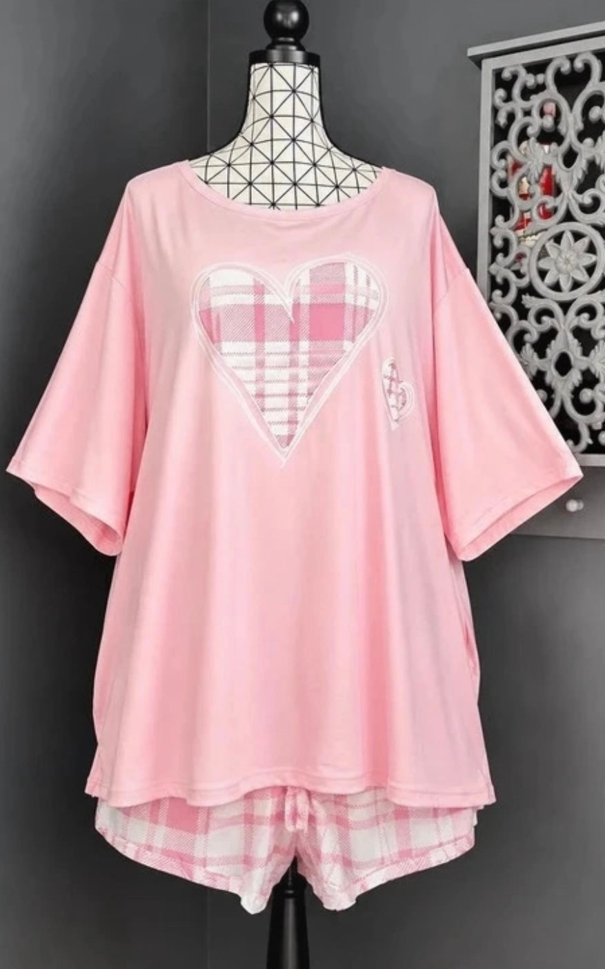 🌹 ensemble pyjama rose cœur carreaux grande taille 60 t-shirt ample short confort 🌹