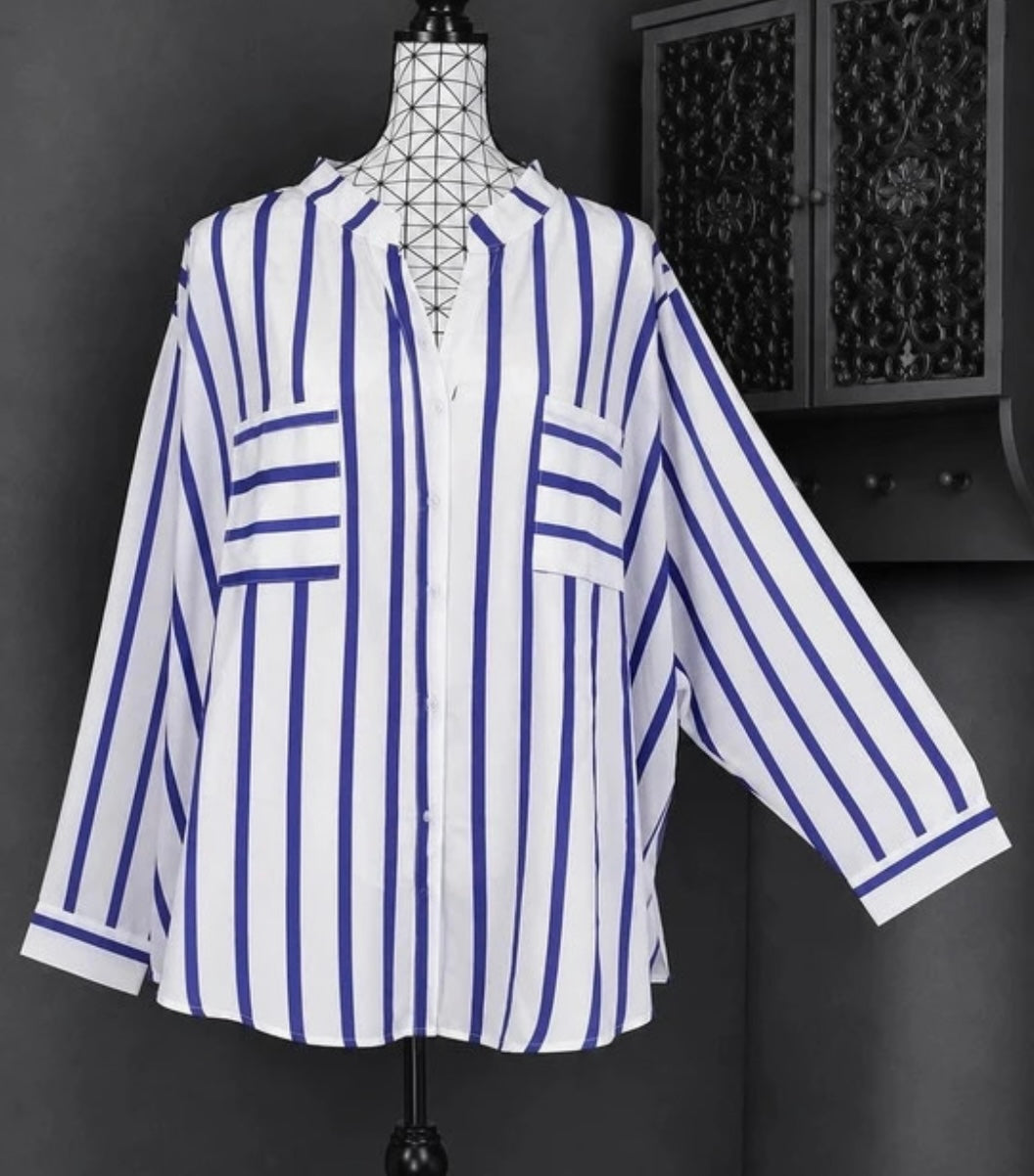💖 blouse chemisier blanc bleu violet rayé taille 56 fluide ample boutonné chic tendance 💖