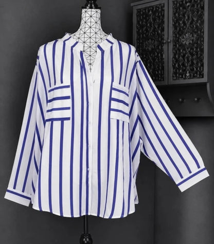 💖 blouse chemisier blanc bleu violet rayé taille 56 fluide ample boutonné chic tendance 💖