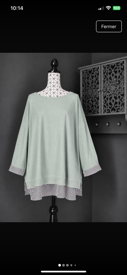 💖 pull chemise vert sauge grande taille 52 ample fluide effet 2 en 1 rayures tendance 💖