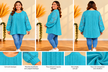 💖 pull turquoise grande taille 52 dentelle fleurs manches ballon ample bohème tendance 💖