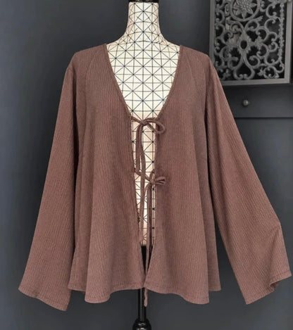 💖 gilet marron taupe grande taille 58 ouvert à nouer manches longues fluide tendance 💖