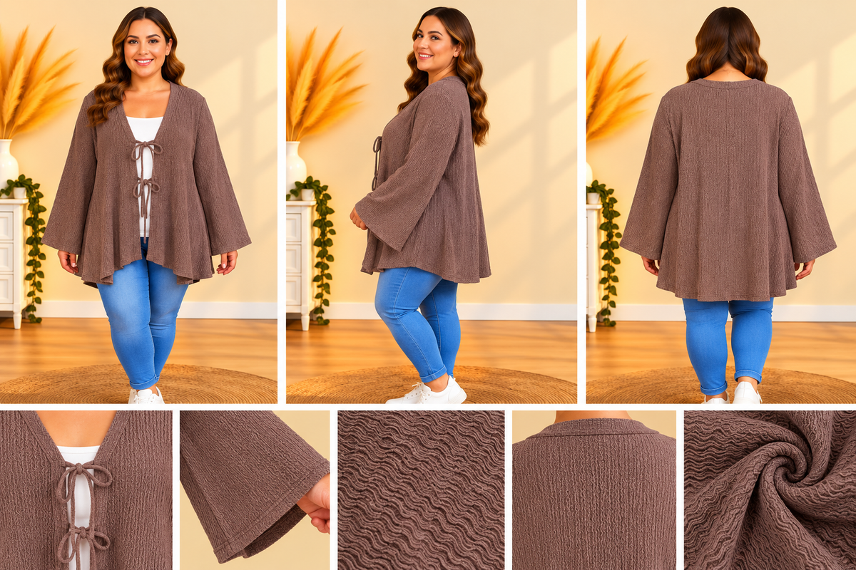 💖 gilet marron taupe grande taille 58 ouvert à nouer manches longues fluide tendance 💖