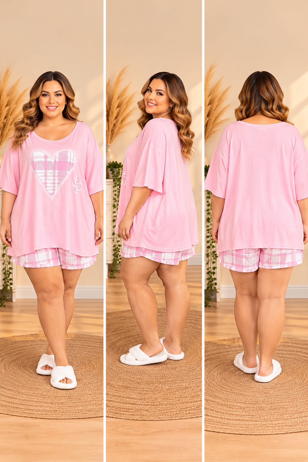 🌹 ensemble pyjama rose cœur carreaux grande taille 60 t-shirt ample short confort 🌹