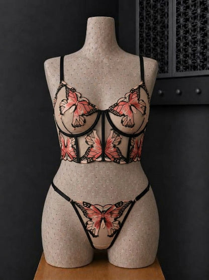 💜 Ensemble dentelle papillon noir et rose avec armature – Taille 52 bonnet 120 E/F/G – 125 D 💜