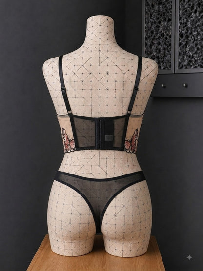 💜 Ensemble dentelle papillon noir et rose avec armature – Taille 52 bonnet 120 E/F/G – 125 D 💜